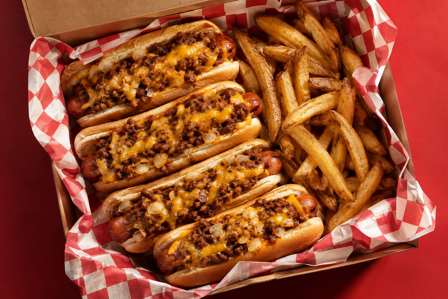 Concept photograph of a take-home box of chili cheese hotdogs and hand-cut fries
