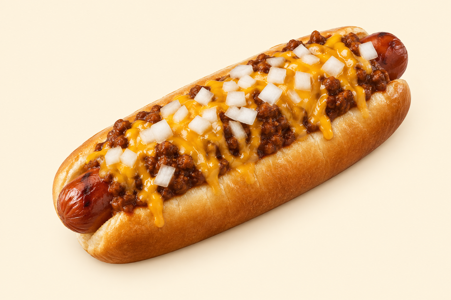 Concept photograph of a chili cheese hotdog in a golden bun