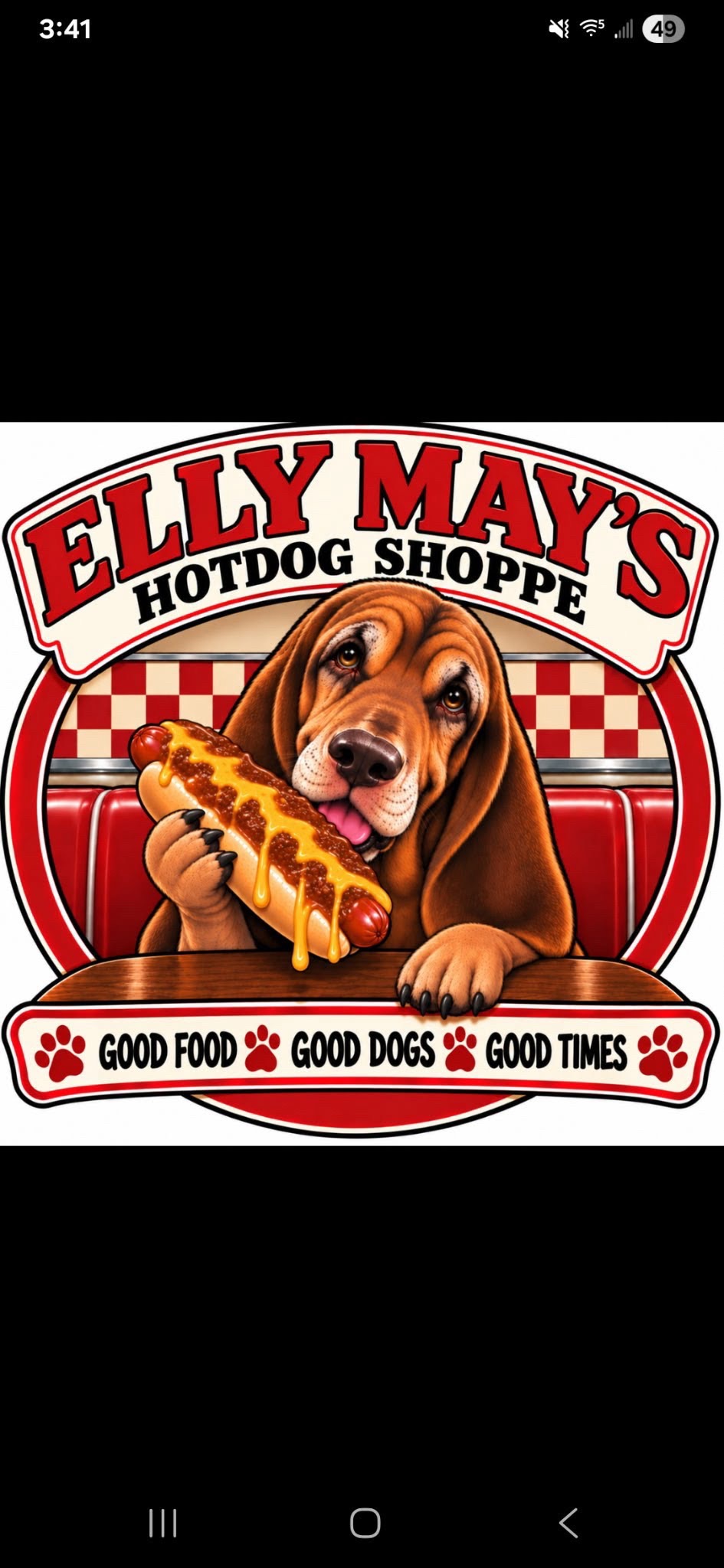 Elly May’s Hotdog Shoppe logo featuring a hound and the motto Good Food, Good Dogs, Good Times